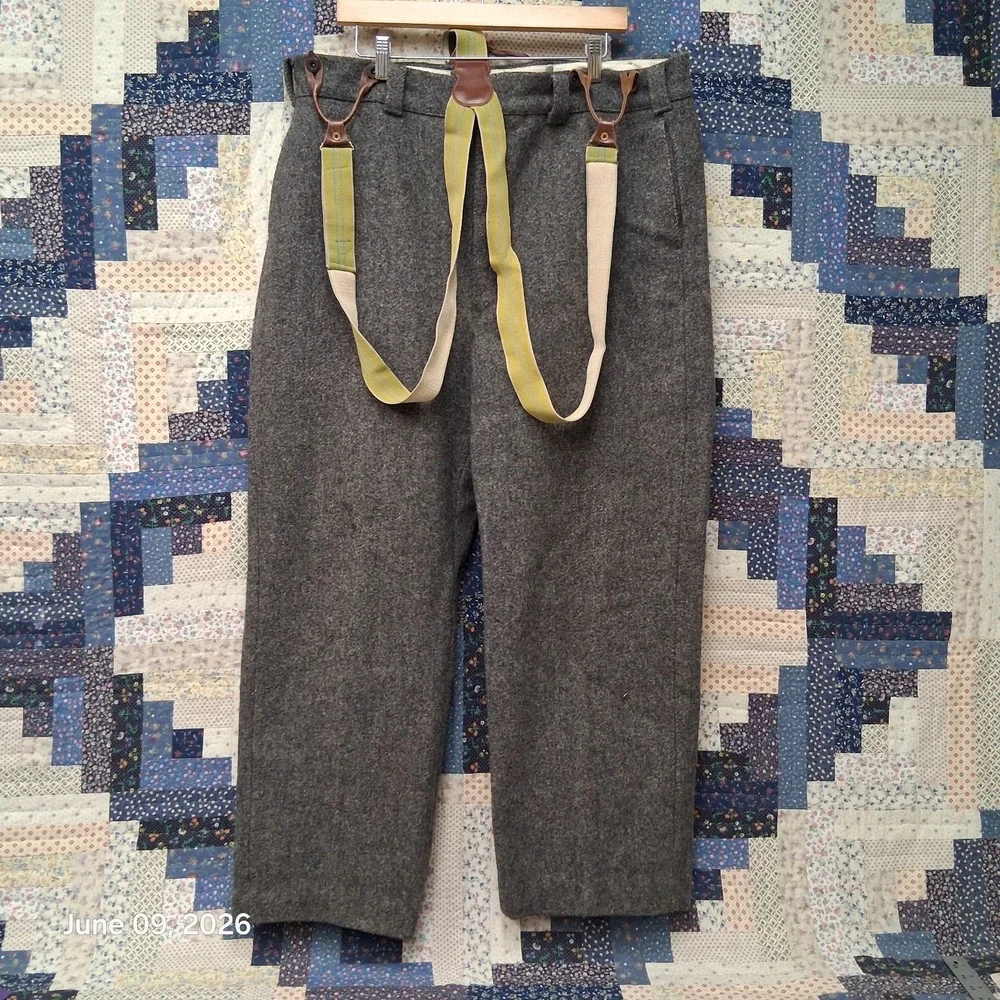 True Vintage Woolrich Wool Malone Pants With Suspenders Size 40 Gray USA Made